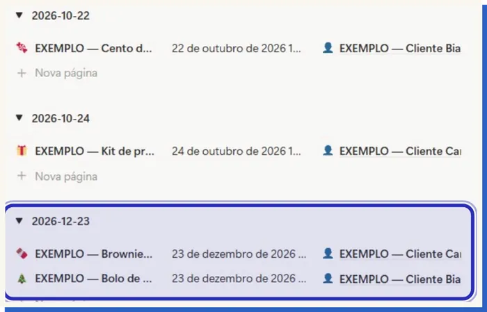 Agenda de entregas de exemplo agrupada por dia